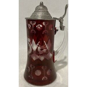 Egermann Bohemian Ruby Cut Glass Stein Pewter Lid Beer Tankard Deer Stag Czech